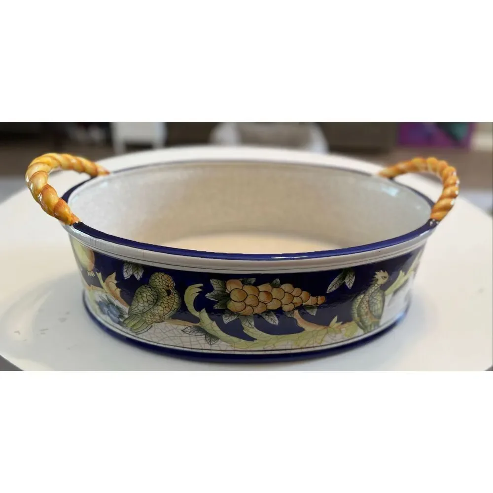 Exoticals Fitz & Floyd Veneto Large Tub Decorative Oval Basin Crackled Parrots